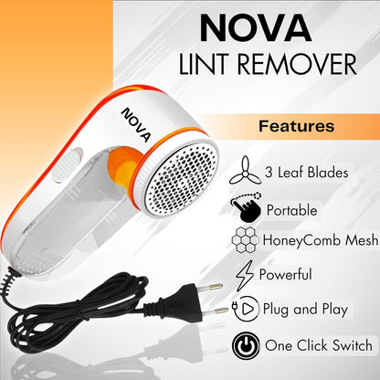 NOVA Portable Electric Lint Remover for Clothes | Fabric Shaver & Fuzz Remover | 3-Blade Powerful Motor | Reusable Sweater Defuzzer | AC Plug & Play