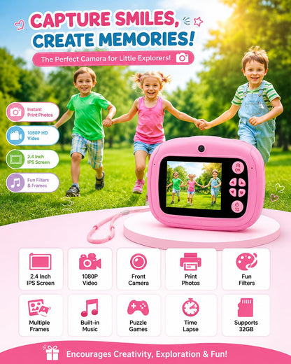 DIY Instant Print Mini Camera for Kids & Adults | Thermal Paper Printing Camera | 2.4” HD Screen | SD Card Support, Video Recording, Games & Music Player