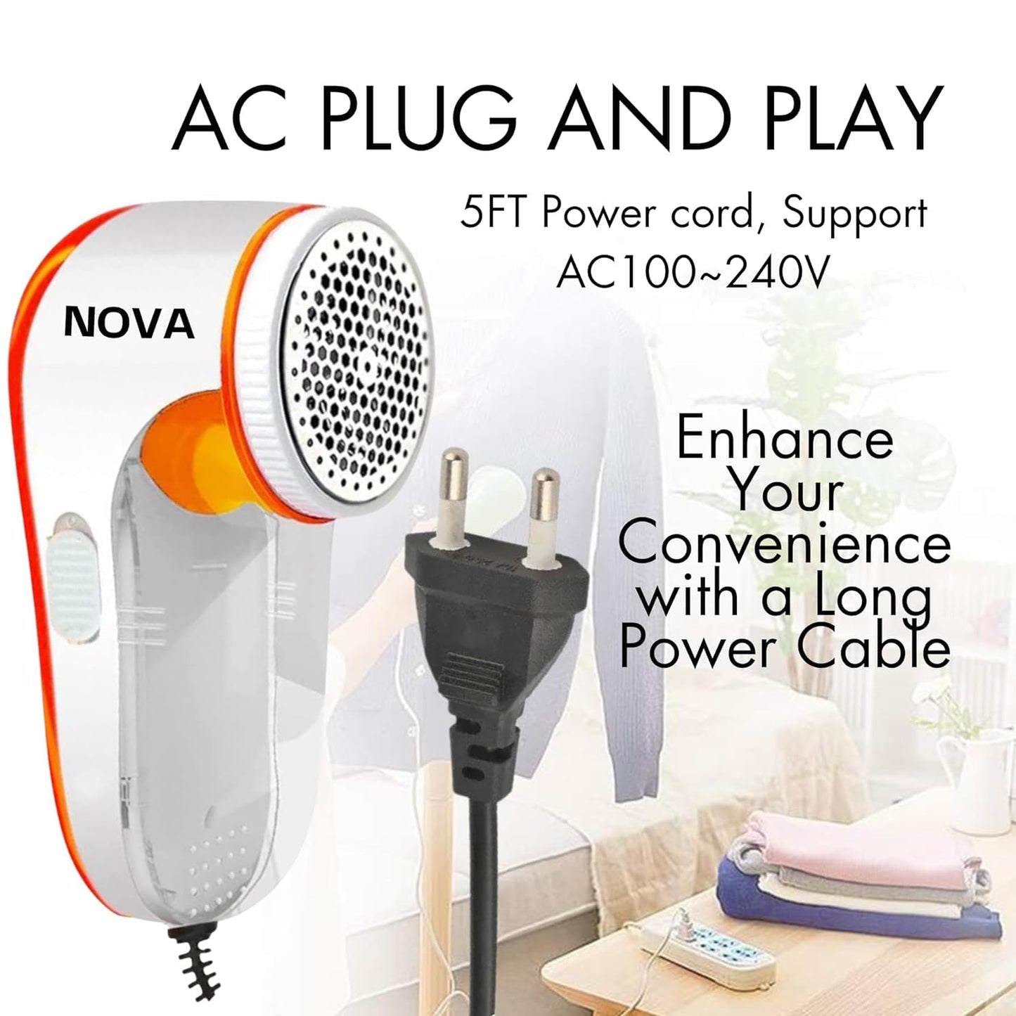 NOVA Portable Electric Lint Remover for Clothes | Fabric Shaver & Fuzz Remover | 3-Blade Powerful Motor | Reusable Sweater Defuzzer | AC Plug & Play