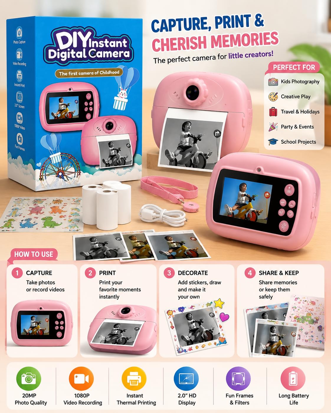 DIY Instant Print Mini Camera for Kids & Adults | Thermal Paper Printing Camera | 2.4” HD Screen | SD Card Support, Video Recording, Games & Music Player